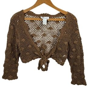 Dressbarn Coffee Brown Crochet Tie Front Shrug Cardigan Knit Cropped Sz 12